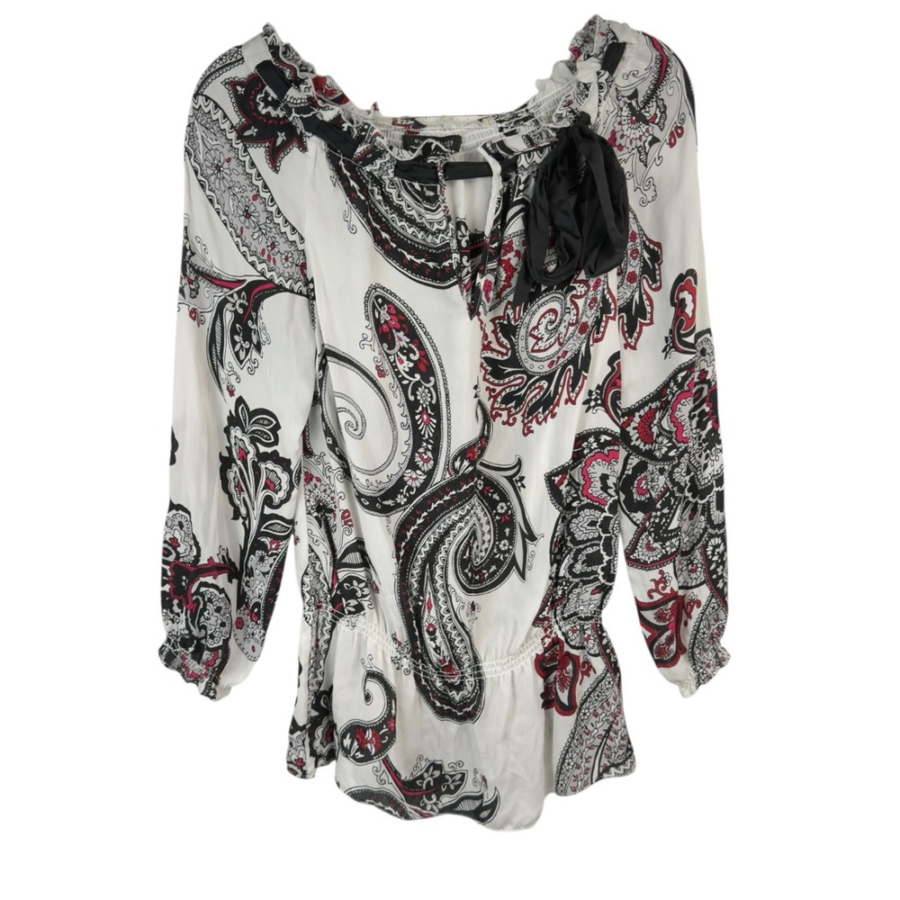 White House Black Market Silk Ruffled Blouse in‎ Black and Gray Paisley